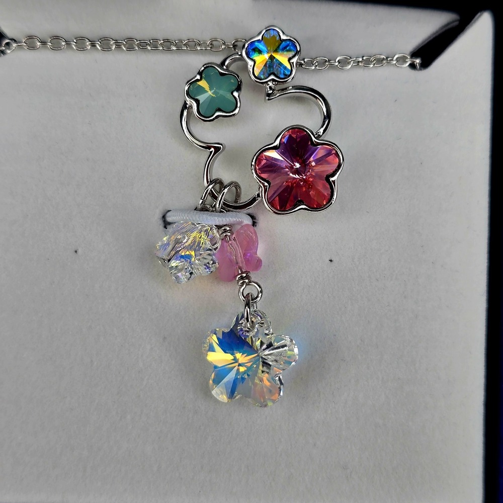 Swarovski Crystal Sweet Blossom Pink Blue Aurora Borealis Necklace Silver Tone